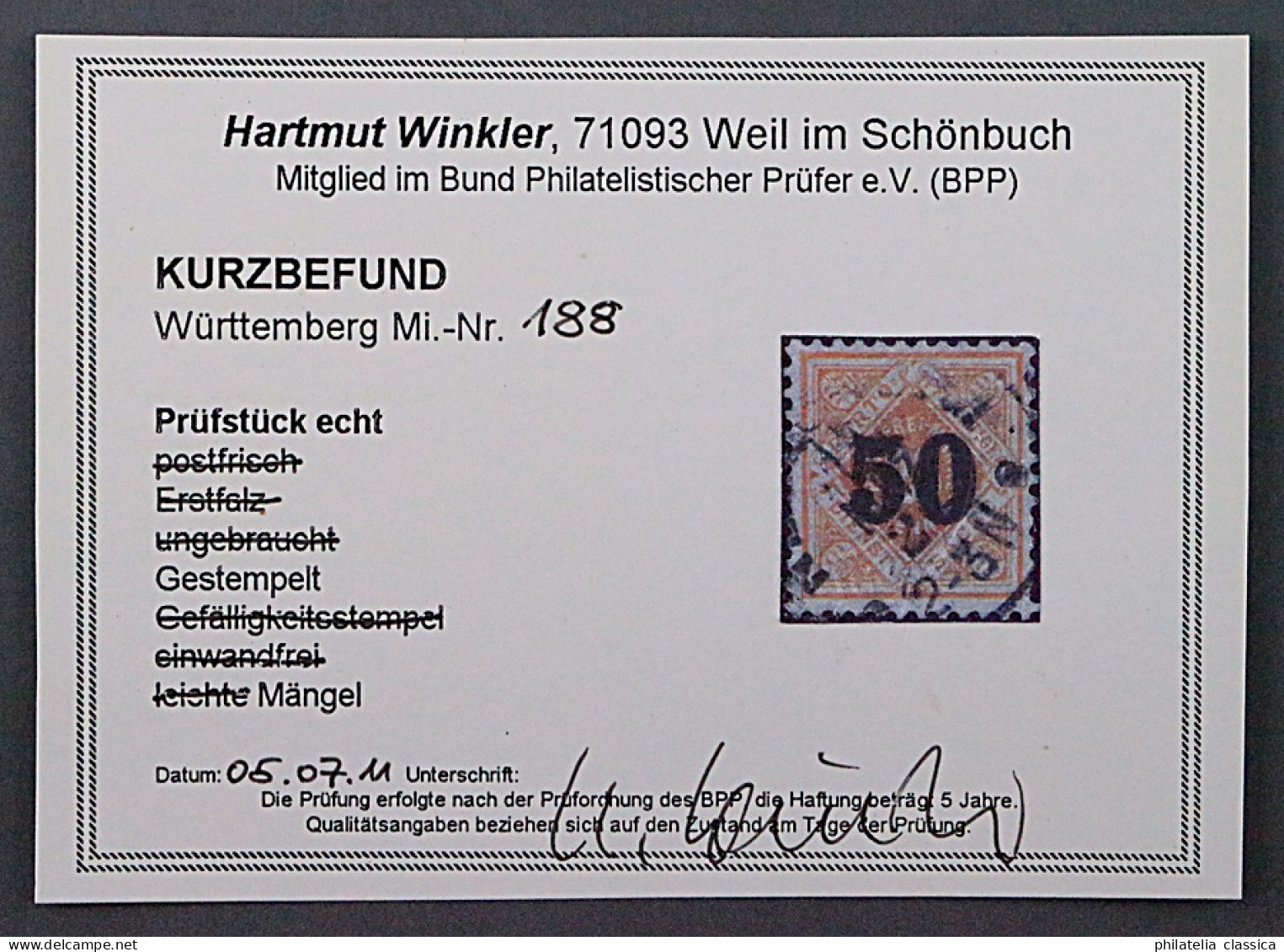 1923, WÜRTTEMBERG 188, 50 Rentenpfennig, Sauber Gestempelt, Geprüft 950,-€ - Usados