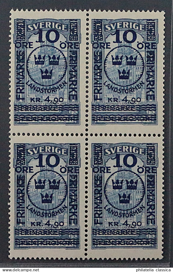 1916, SCHWEDEN 96 ** Landsturm 4,90 Kr. Postfrischer VIERERBLOCK, Selten, 960,-€ - Unused Stamps