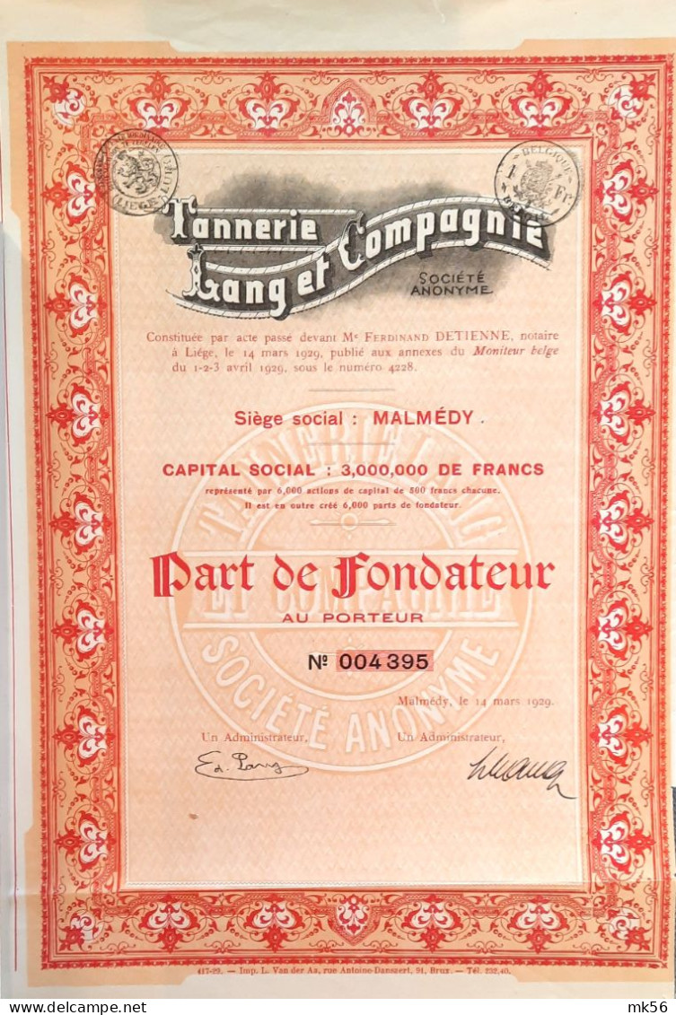 Tannerie Lang Et Compagnie - Malmédy - Part De Fondateur - 1929 - Textil