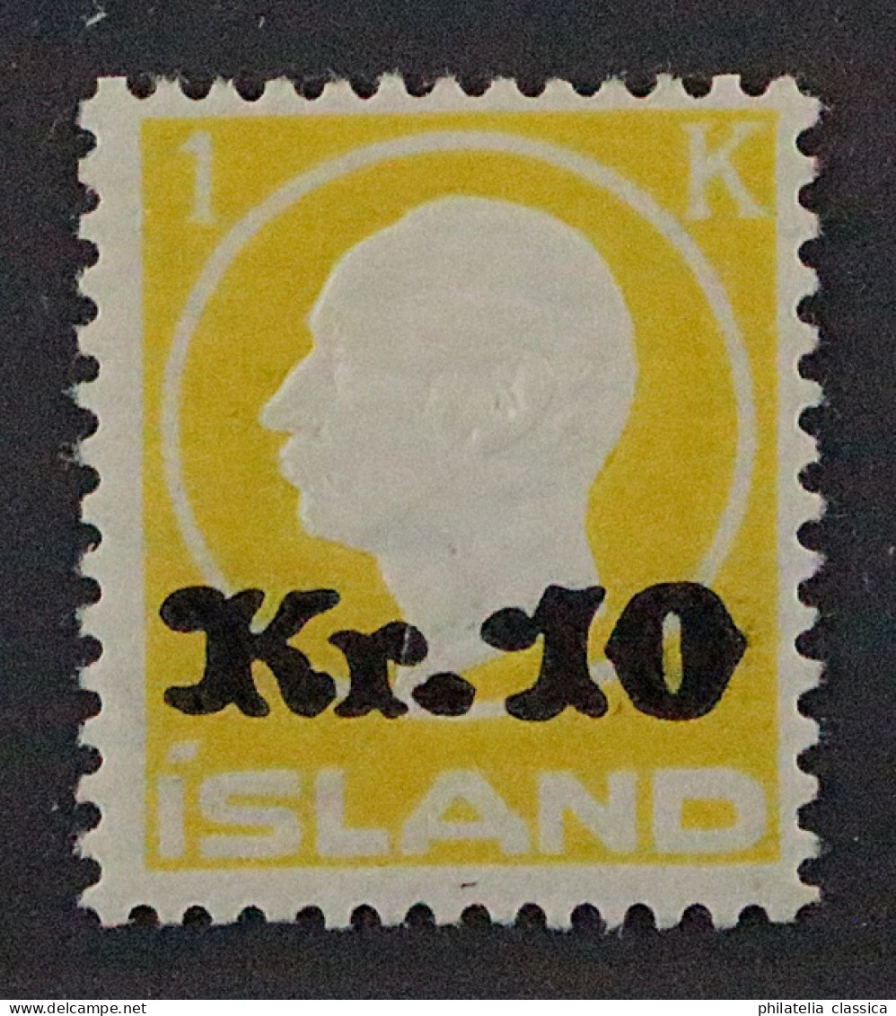 1924, ISLAND 111 ** Aufdruck Frederik 10 Kr. Gelb, Postfrisch, Geprüft 800,-€ - Ungebraucht