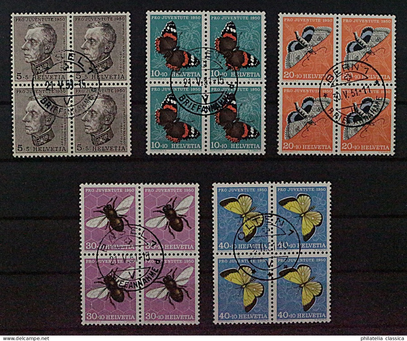SCHWEIZ VIERERBLOCKs Juventute 1951 (SBK J133-37) ZentrumStempel, 120,-SFr. - Used Stamps