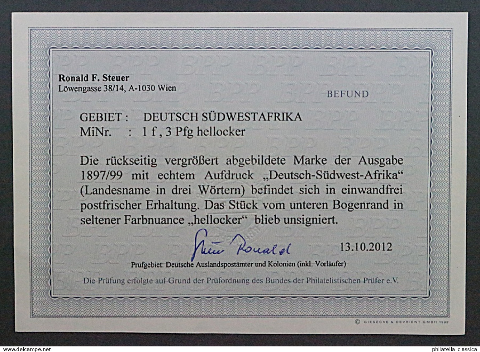 1898, DEUTSCH-SÜDWESTAFRIKA 1 F ** 3 Pfg. Hellocker, Postfrisch, Geprüft 900,-€ - África Del Sudoeste Alemana