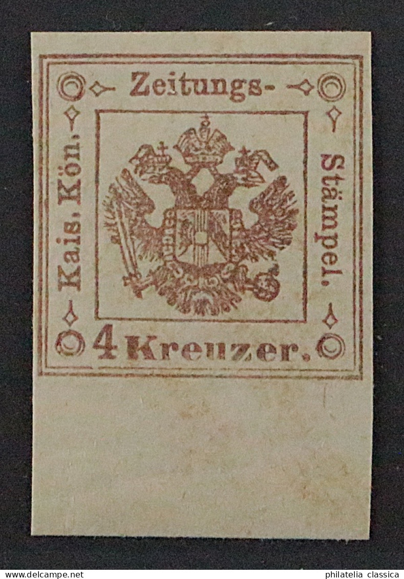 1858, ZEITUNGSSTEMPELMARKE 4 ** 4 Kr. Braun, Postfrisch, Geprüft, SELTEN 1000,-€ - Periódicos