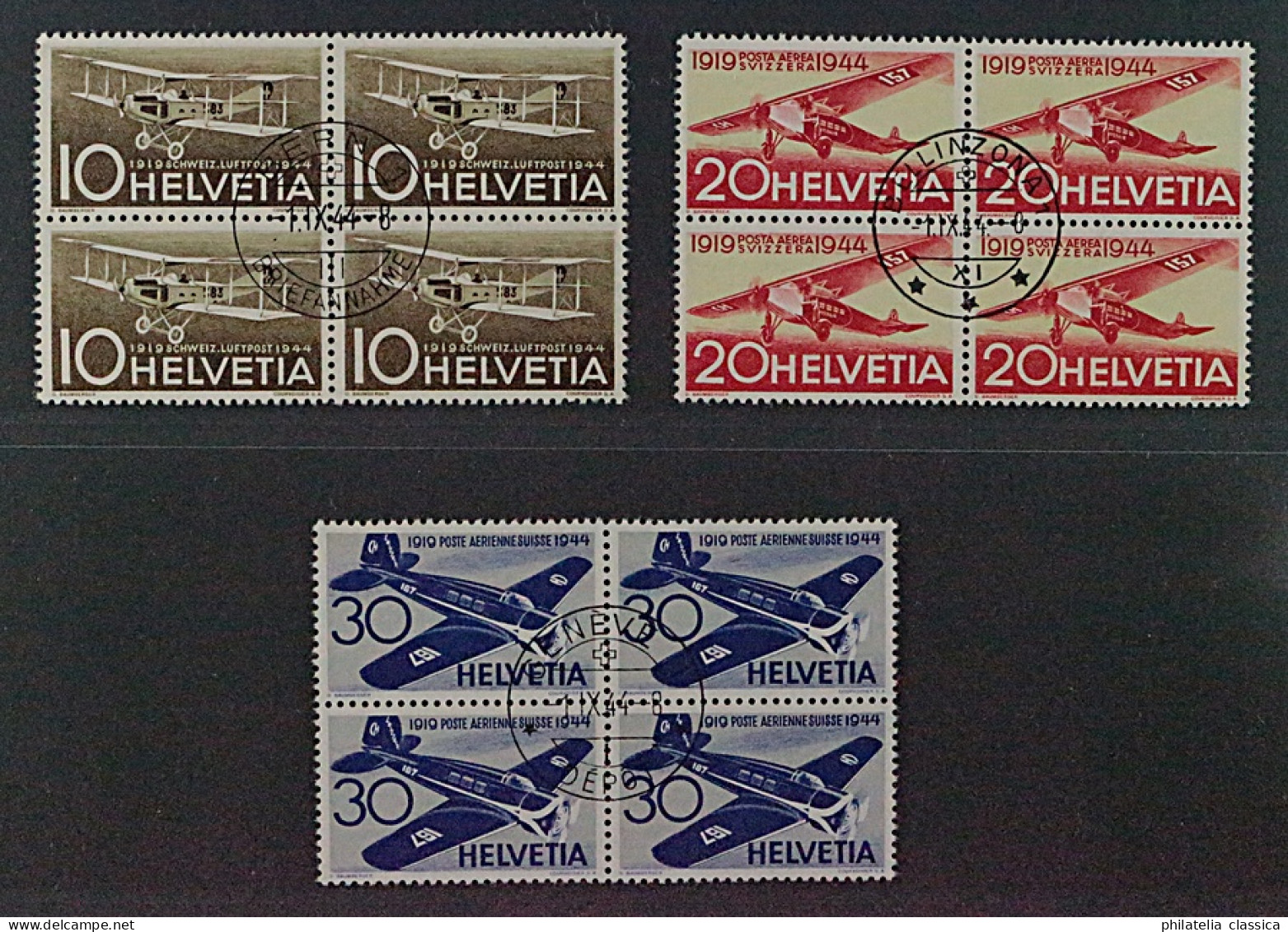 SCHWEIZ SBK F37-39 Flugpost VIERERBLOCKS Zentrisch Gestempelt ERSTTAG, 80,-SFr - Used Stamps
