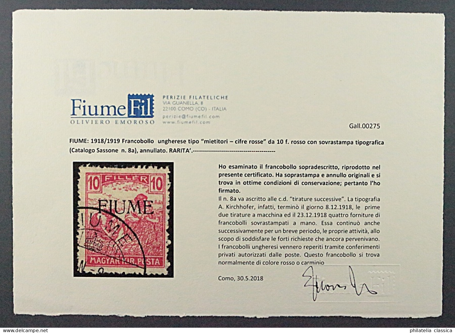1918, FIUME 12 I, 10 Filler Schnitter Buchdruck-Aufdruck, Fotoattest 4500,-€ - Fiume