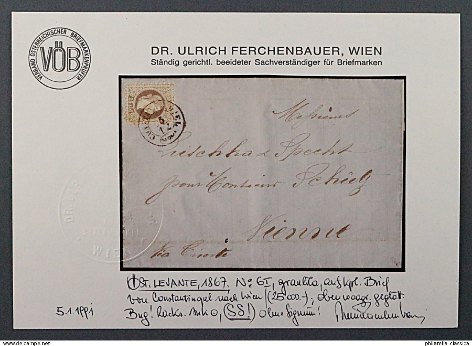 1867, ÖSTERREICH Levante 6 I, 25 Soldi Einzelfrankatur, SELTEN, Geprüft 1400,-€ - Oriente Austriaco