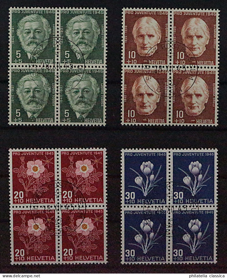 SCHWEIZ VIERERBLOCKs Juventute 1945 (SBK J113-16) ET-ZentrumStempel, 175,-SFr. - Used Stamps