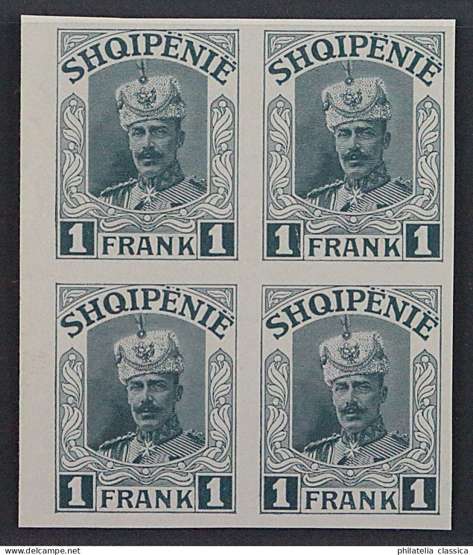1914, ALBANIEN II-VIII PU ** Fürst Wied Kpl. Als UNGEZÄHNTE VIERERBLOCK, 8400,-€ - Albanien