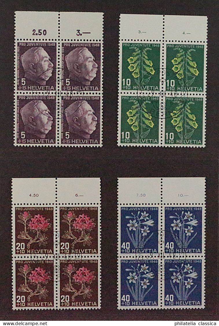 SCHWEIZ VIERERBLOCKs Juventute 1948 (SBK J125-28) ZentrumStempel, 80,-SFr. - Used Stamps