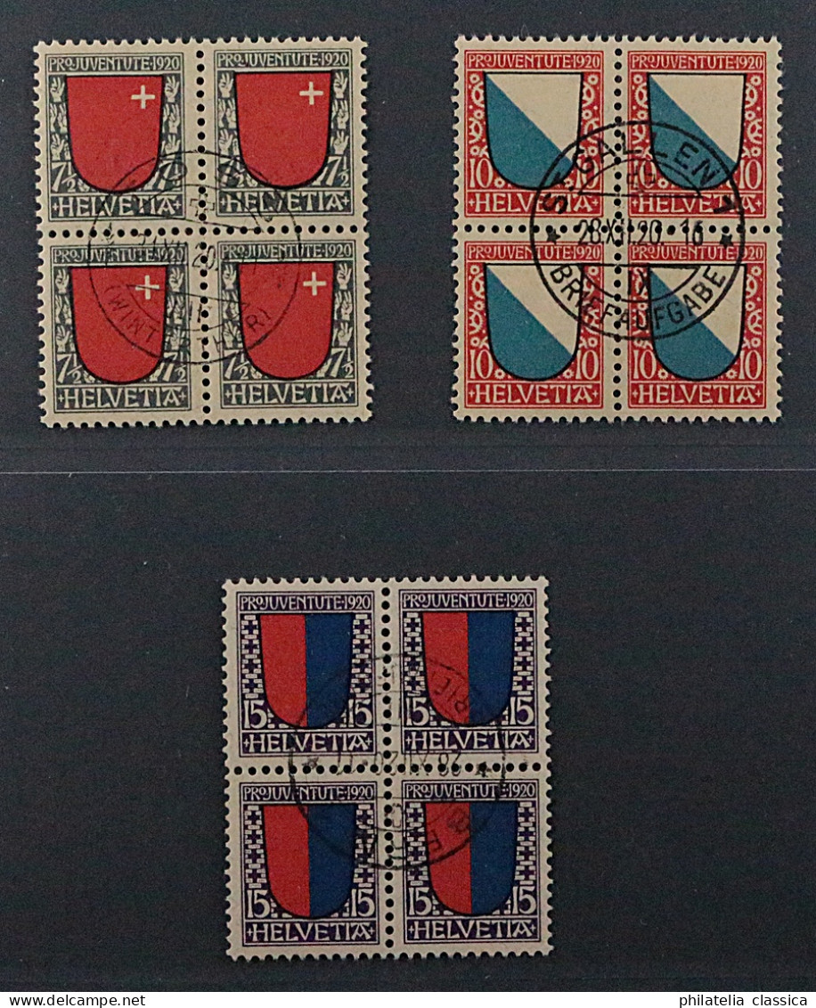 SCHWEIZ 153-55, Viererblock Juventute 1920 Kpl ZentrumStempel, Geprüft 1140,-SFr - Used Stamps