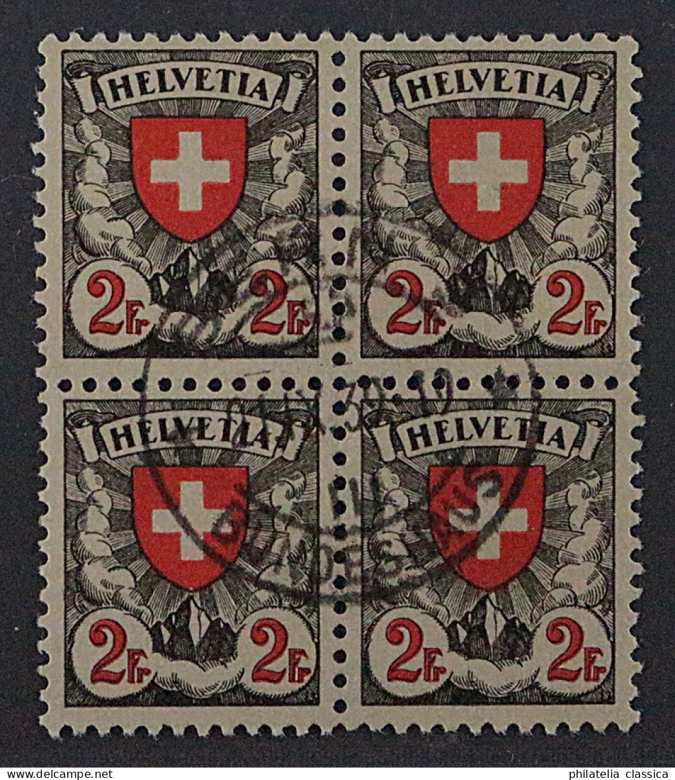SCHWEIZ VIERERBLOCK (SBK 166z), 2 Fr.Papier Geriffelt, ZentrumStempel, 275,-SFr - Oblitérés