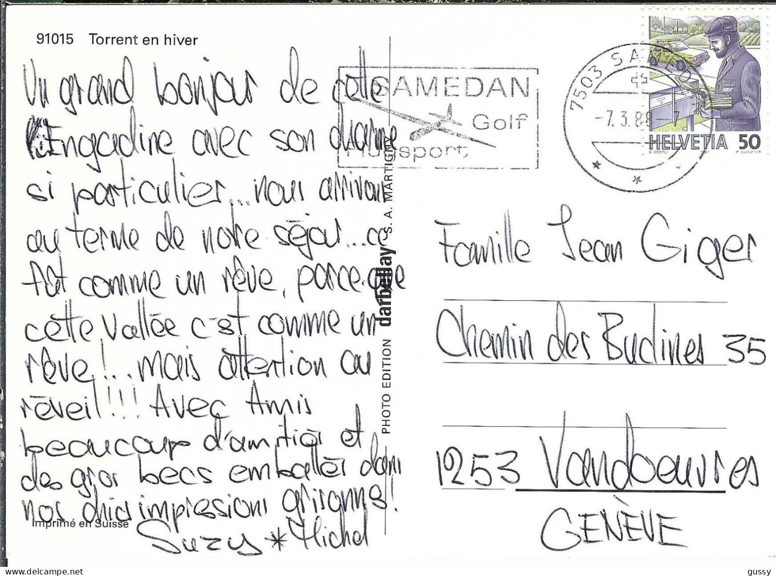 SUISSE Ca.1988: CP Ill.  De Samedan Pour Vandoeuvres - Storia Postale