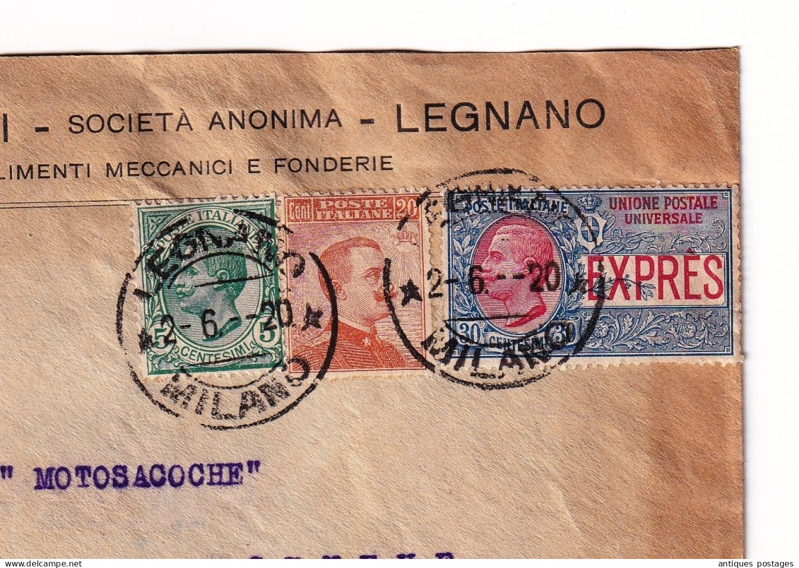 Lettre Italia Legnano 1920 Franco Tosi Stabilimenti Meccanici E Fonderie Acacia Genève Suisse Exprès - Poststempel