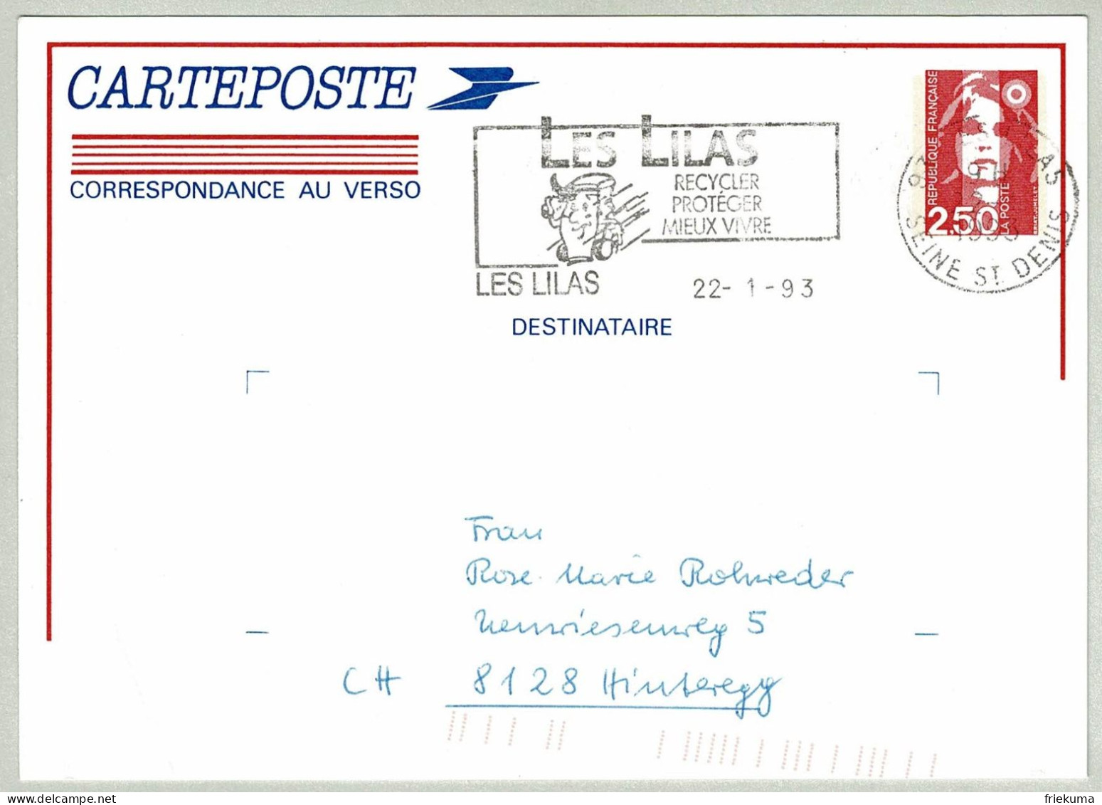 Frankreich / France 1993, Postkarte Les Lilas - Hinteregg (Schweiz), Recycling / Recyclage - Protection De L'environnement & Climat