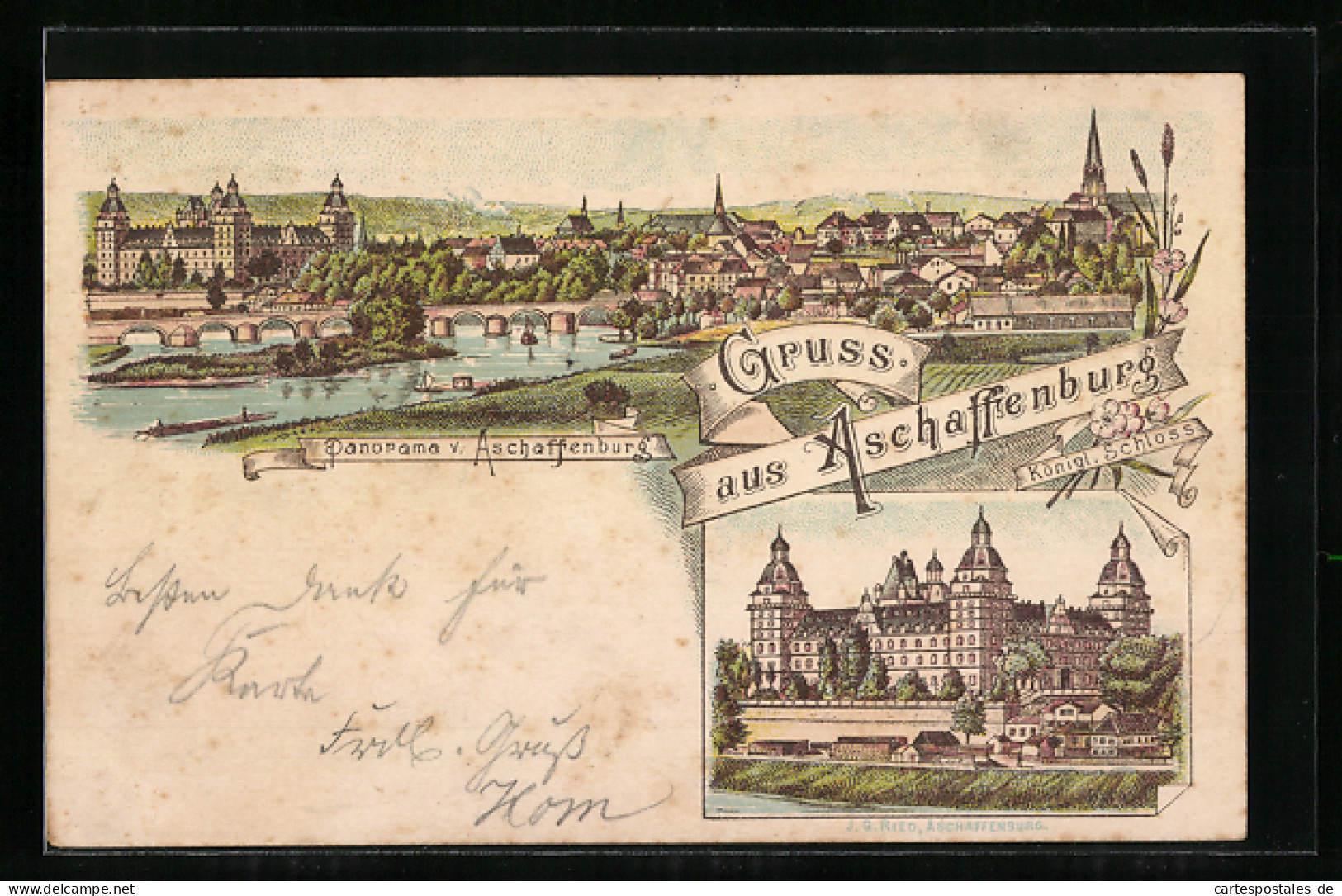 Lithographie Aschaffenburg, Panorama, Kgl. Schloss  - Aschaffenburg