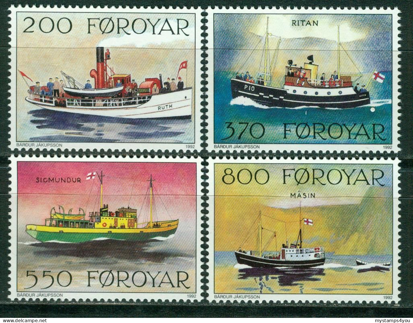 Bm Faroe Islands 1992 MiNr 227-230 MNH | Mail Ships. "Ruth", "Ritan", "Sigmundur", "Másin" #kar-1507-1 - Faroe Islands