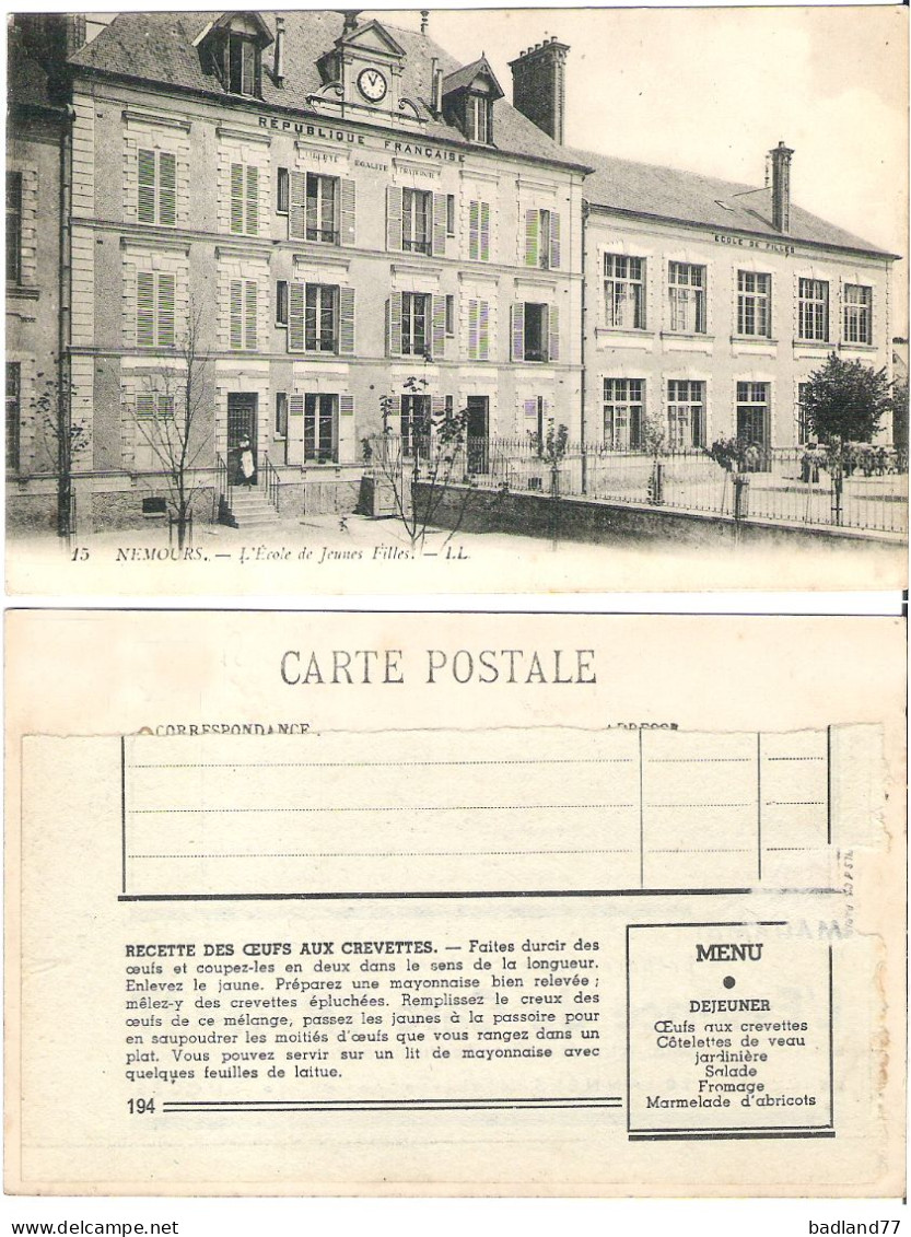 77 - NEMOURS  - L Ecole Des Jeunes Filles   (animée-recette Au Dos) - Nemours