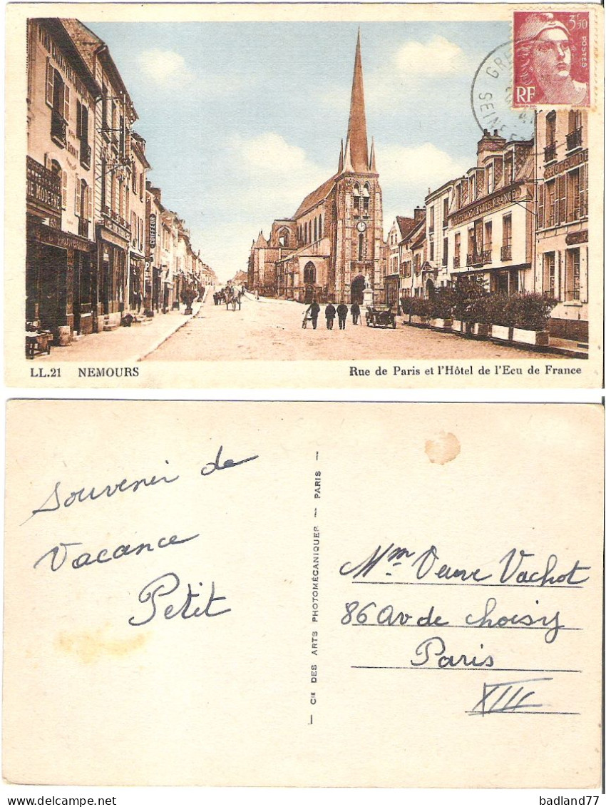 77 - NEMOURS  - Rue De Paris Et L Hôtel De L Ecu De France  (colorisée) - Nemours