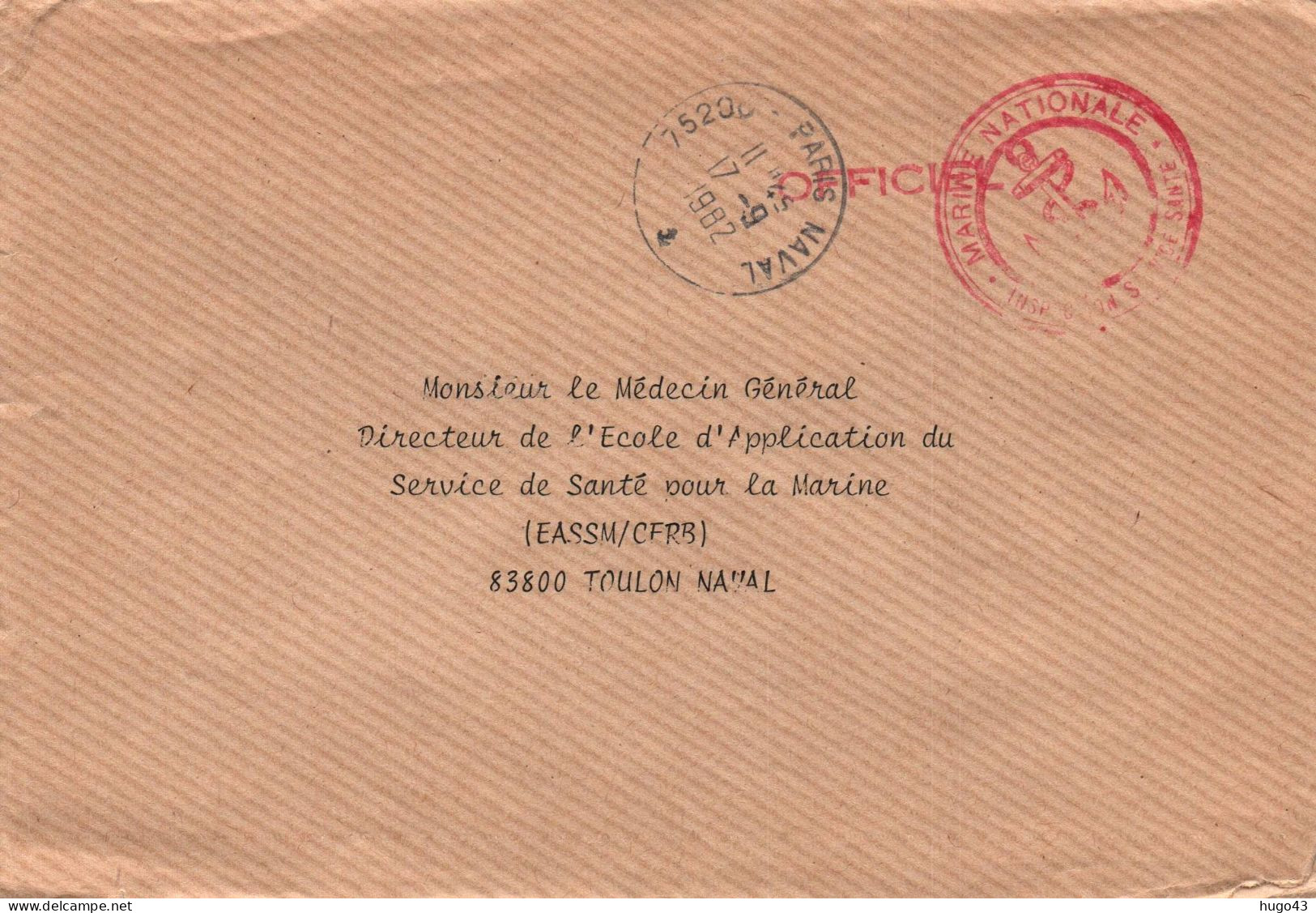 ENVELOPPE  AVEC CACHET PARIS NAVAL LE 17/09/1982 - MARINE NATIONALE - SERVICE DE SANTE - Poste Navale