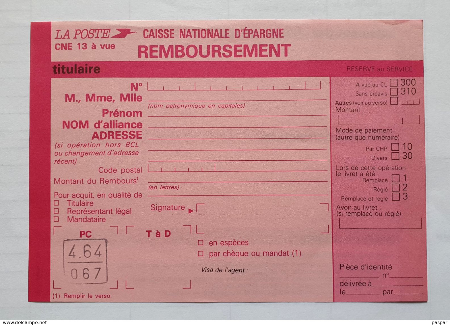 Formulaire CNE 13 à Vue Remboursement Caisse Nationale D'Epargne Poste France - Documents De La Poste