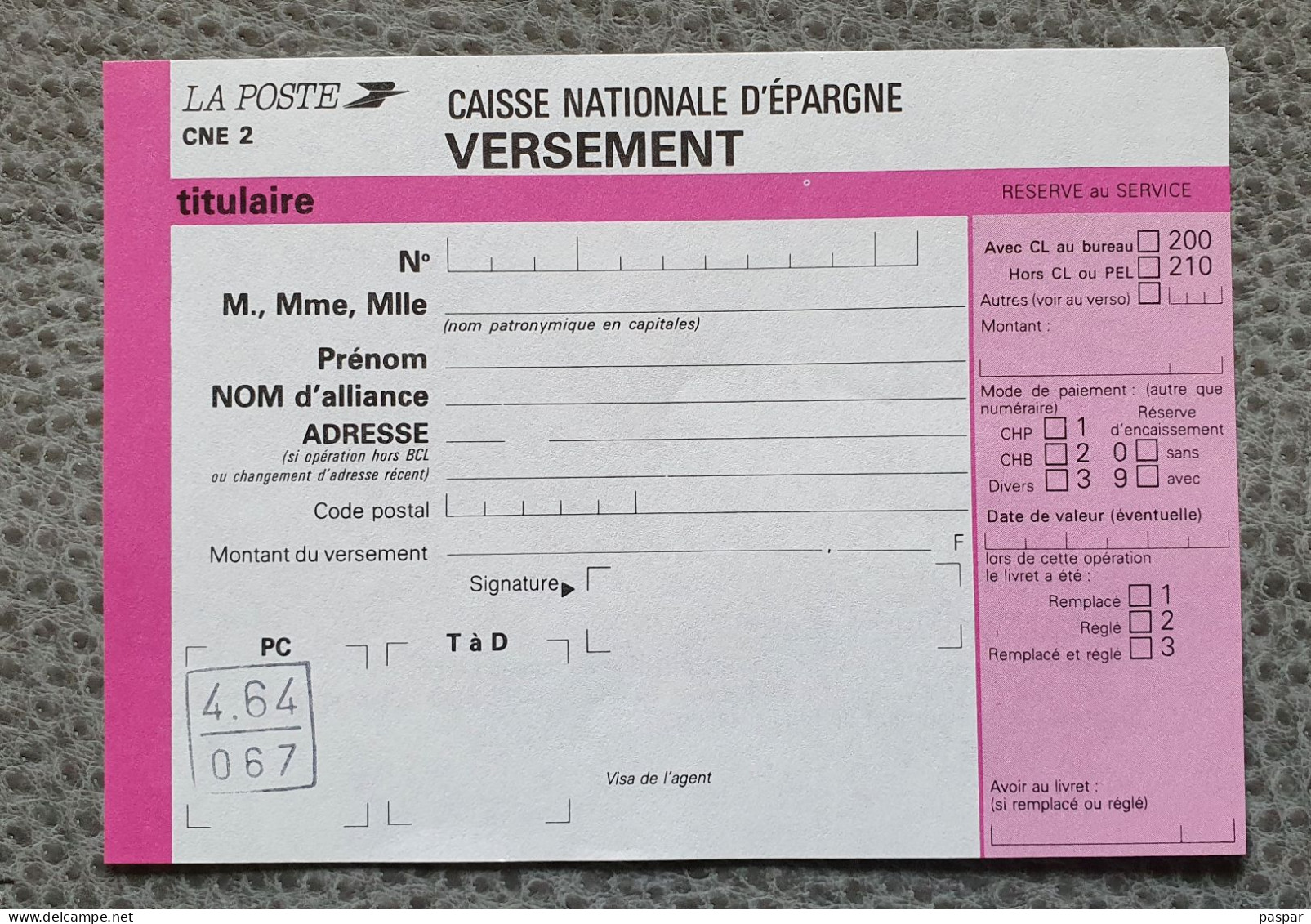 Formulaire CNE 2  Versement Caisse Nationale D'Epargne Poste France - Documents De La Poste