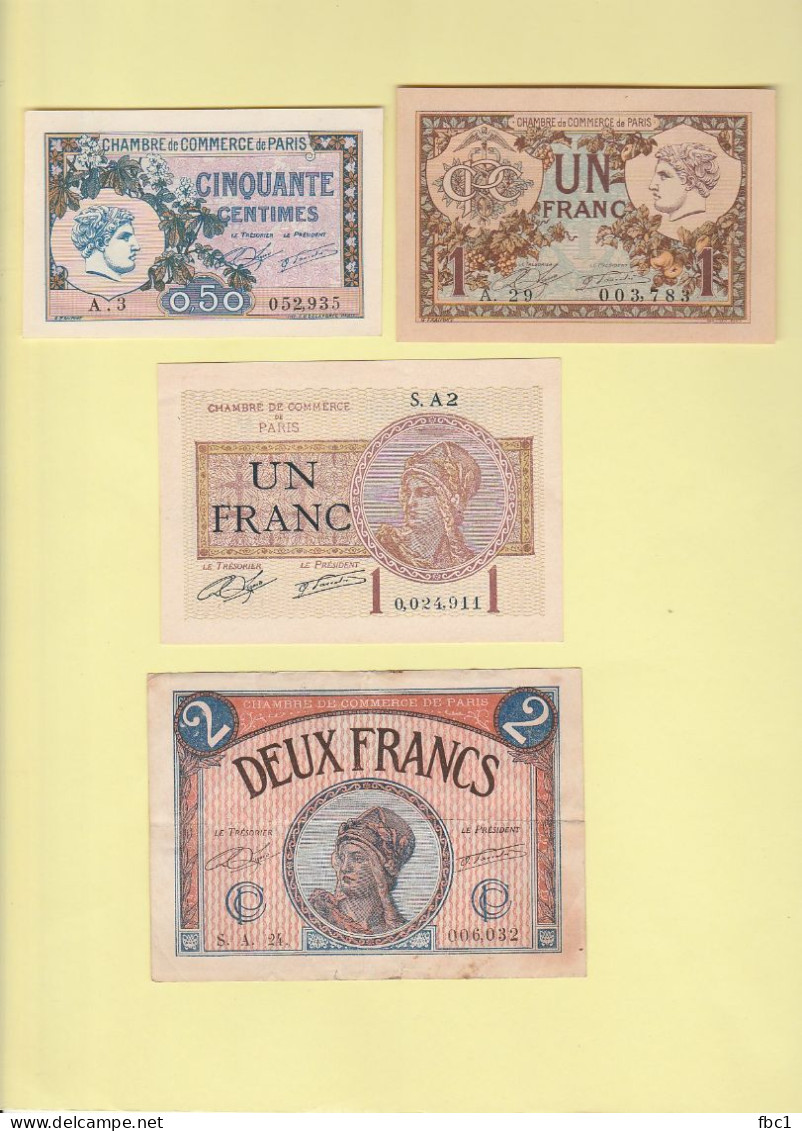 Lot De 4 Billets De La Chambre De Commerce De Paris - 50 Centimes - 1 Franc (X2) Et 2 Francs - Handelskammer