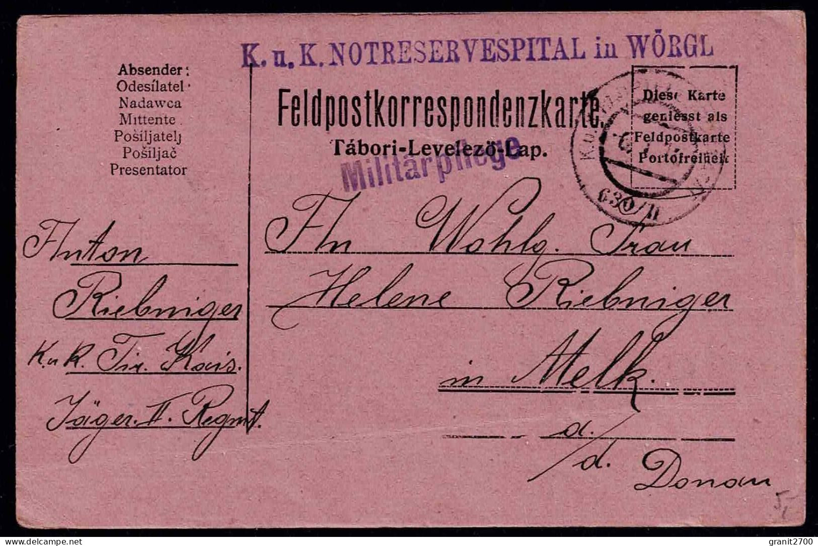 Feldpostkorrespondenzkarte  K.u.k. Notreservespital In Wörgl - Tàbori - Levelezölap - Militärpflege 4. I.1916 - Used Stamps