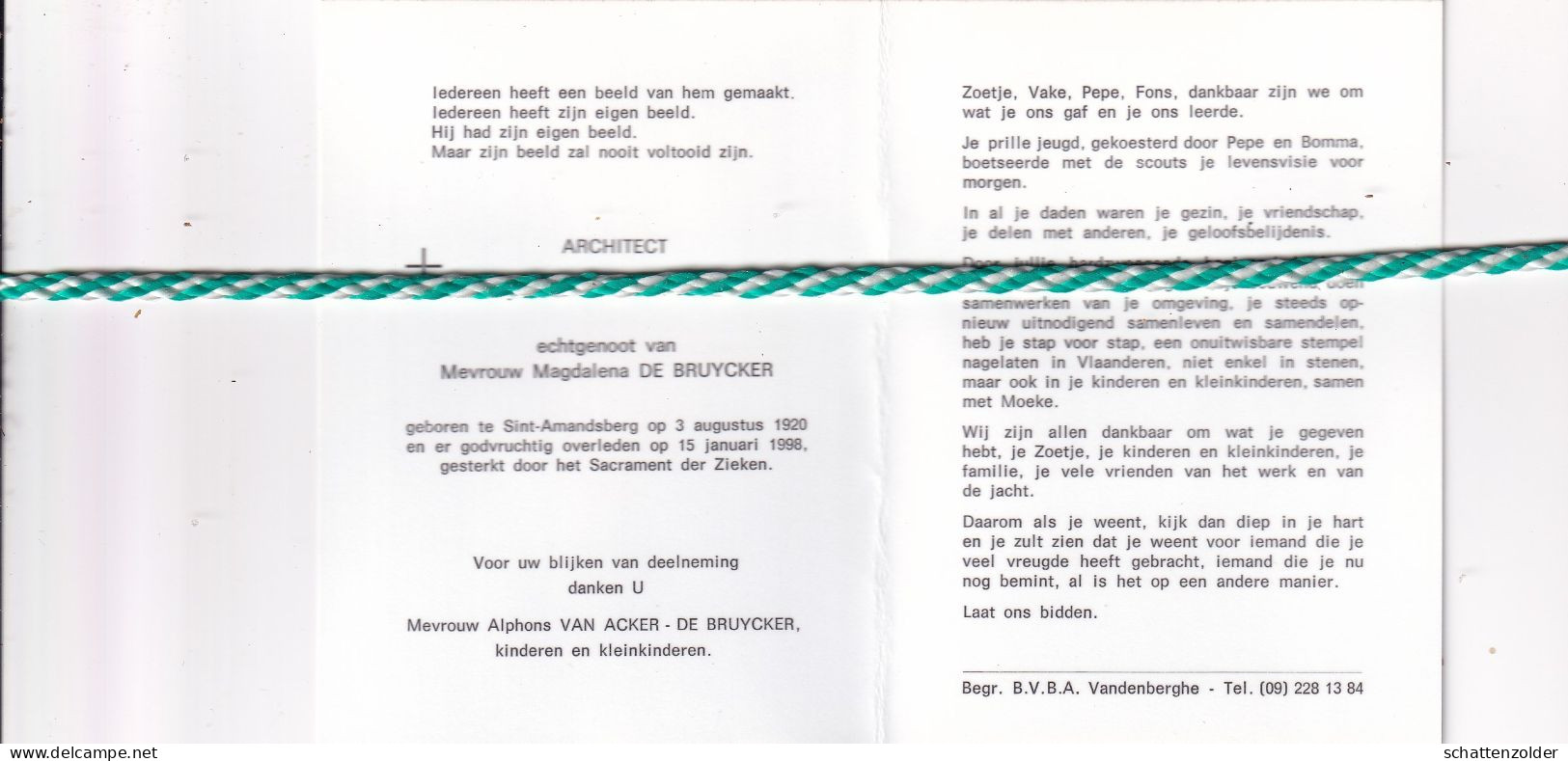 Alphons Van Acker-De Bruycker, Sint-Amandsberg 1920, 1998. Foto - Obituary Notices