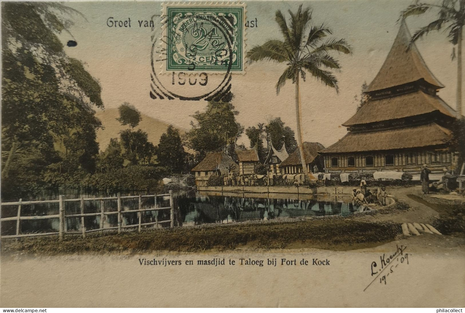 Ned. Indie - Indonesia  / Taloeg Bij Fort De Kock // Vischvijvers En Masdjid Te (color) 1909 - Indonésie