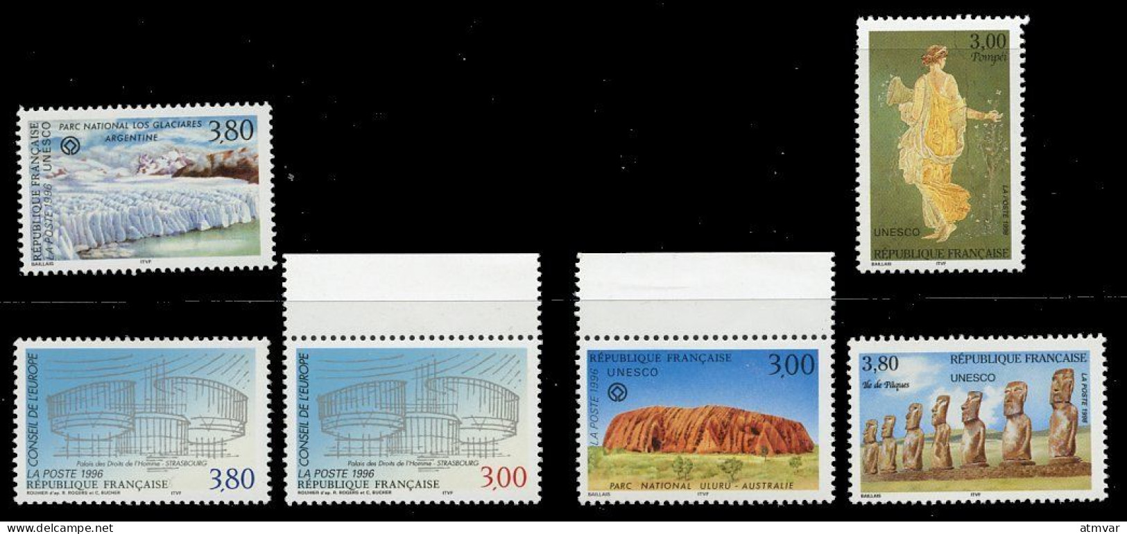 FRANCE UNESCO Timbres Service, Conseil Europe Parc National Uluru, Ile De Pàques, Pompei, Galciares, Palais Droits Homme - Ongebruikt