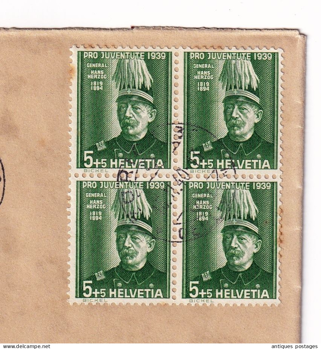 Lettre 1940 Suisse Zurich Derlikon Bloc De 4 Timbres Général Hanz Herzog Pro Juventute 1939 Switzerland - Cartas & Documentos