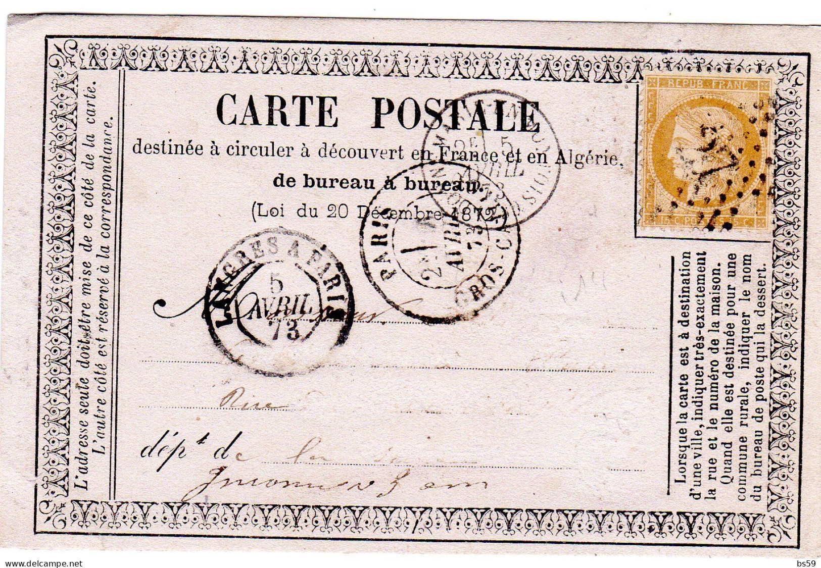 Paris - CPP Affr N° 59 Obl Etoile 27 Tàd Gros-Caillou - 1849-1876: Periodo Classico