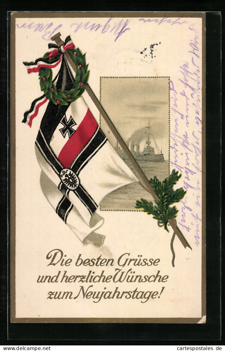 AK Neujahrsgruss Mit Kriegsschiff Und Reichsfahne  - Weltkrieg 1914-18