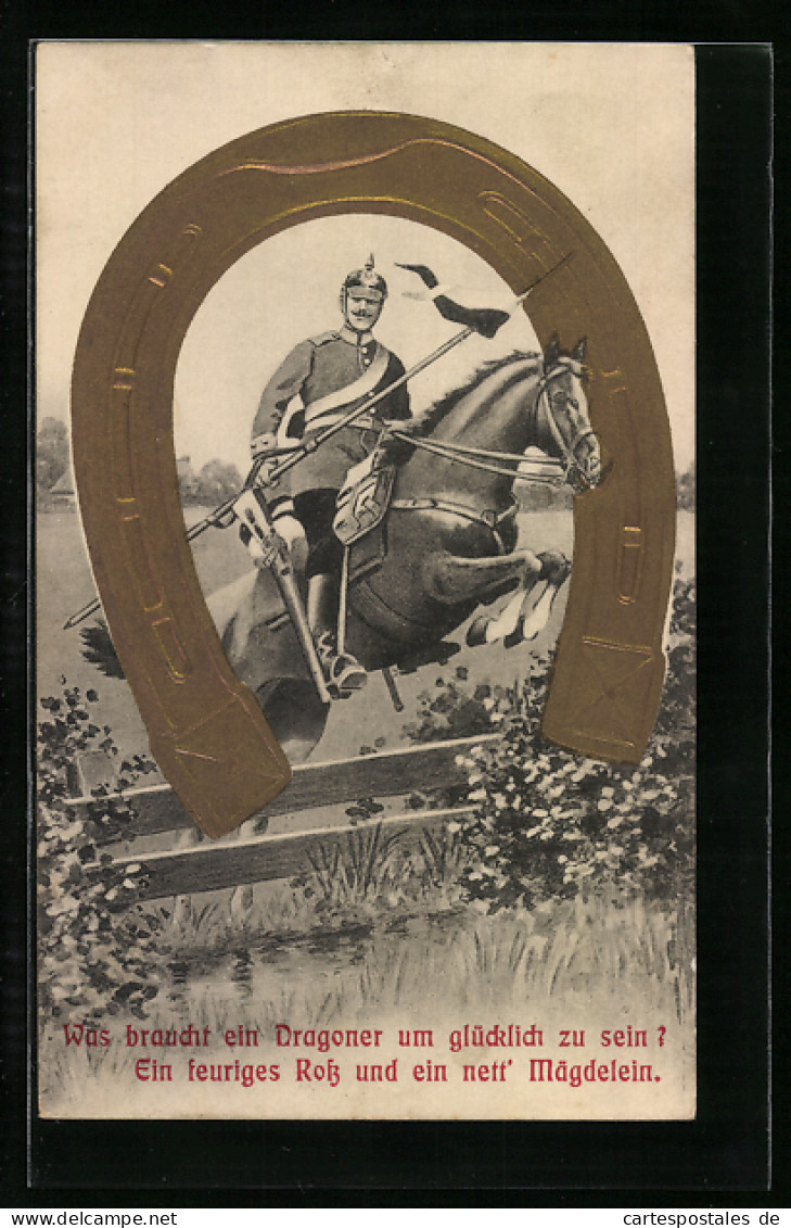 Präge-AK Dragoner Der Kavallerie Zu Pferde Im Hufeisen  - War 1914-18