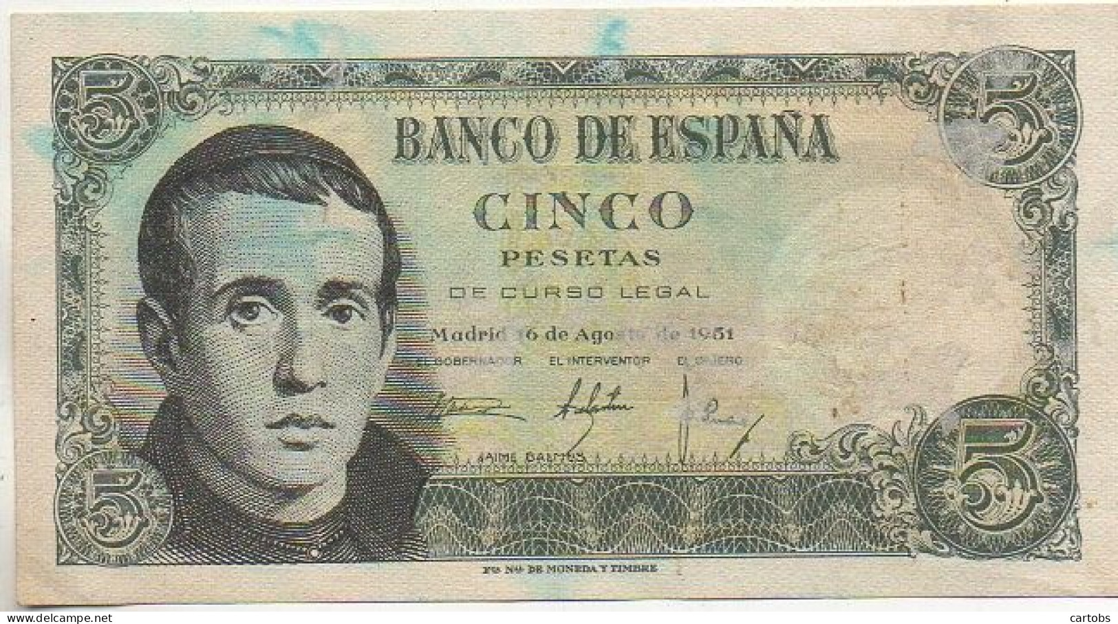 El Banco De ESPANA 5 Pesetas (Madrid 6 De Agosto 1951) - 5 Pesetas