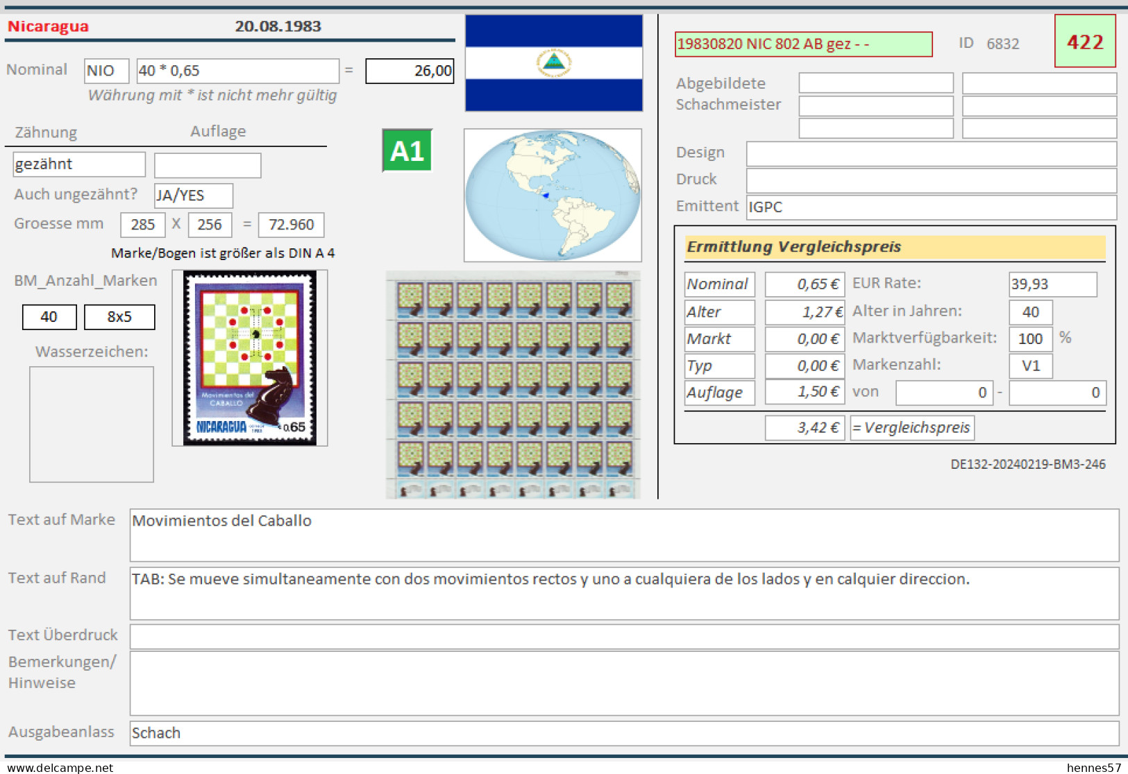 Chess/Schach NICARAGUA Complete Issue Sheet/Kompletter Ausgabebogen 20.08.1983 Mi No.2426 Cancelled/gestempelt - Chess