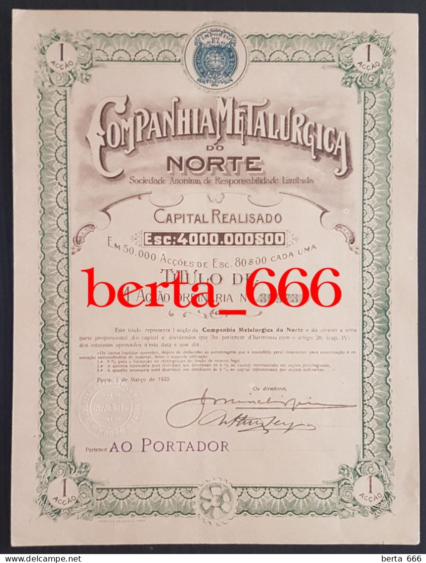 Portugal Industry Share * Companhia Metalúrgica Do Norte * Porto * Título De 1 Acção * 1920 * Shareholding - Industrie