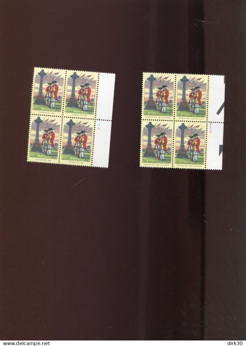 Belgie 2600 Joint Issue Ireland Fontenoy Blocks Of 4 W/ Plate Number MNH - Ungebraucht