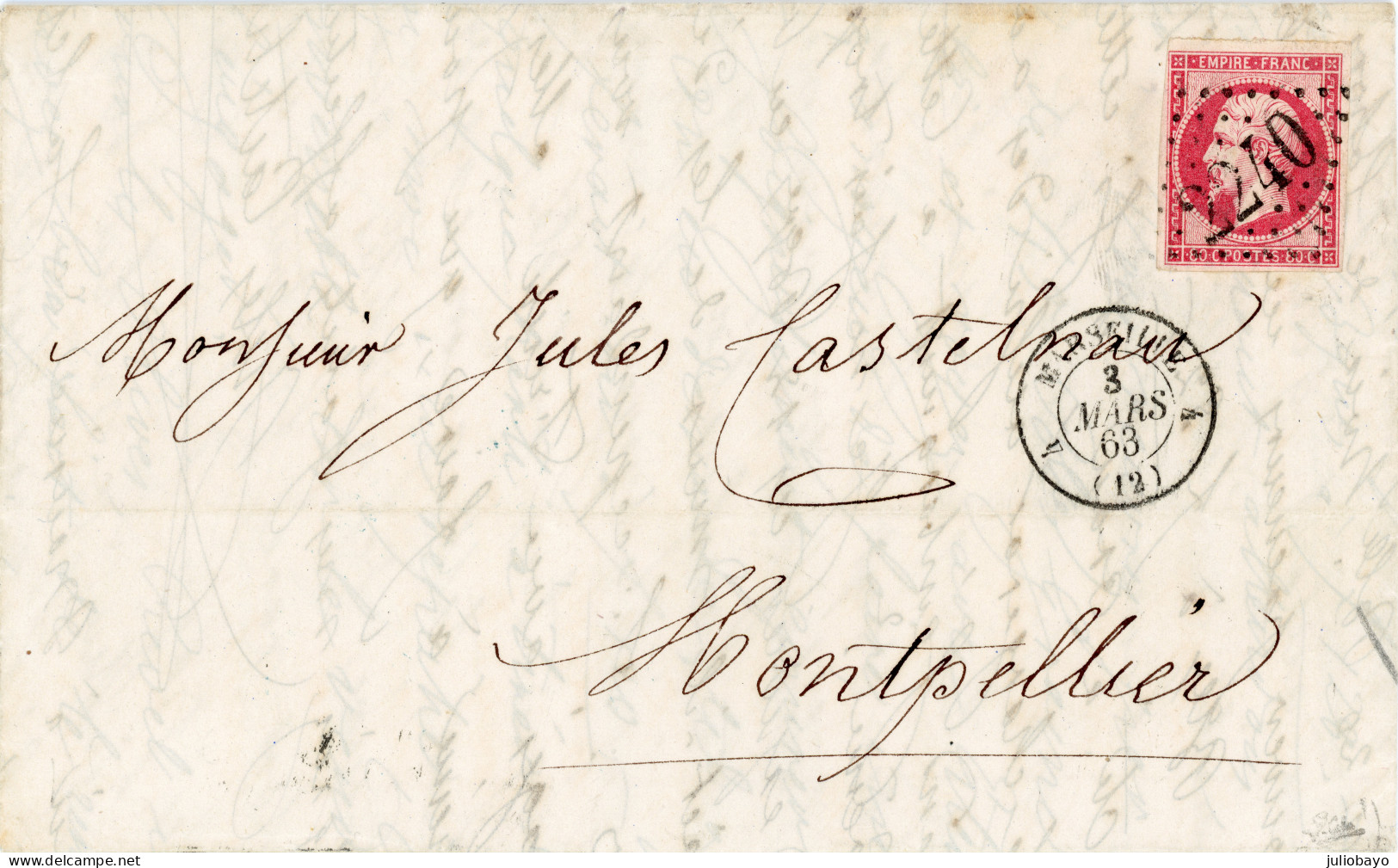 3 Mars 1863 N°17B GC 2240 Marseille Vers Montpellier,Jules Castelnau ,belle Correspondance,signée Calves - 1849-1876: Klassik