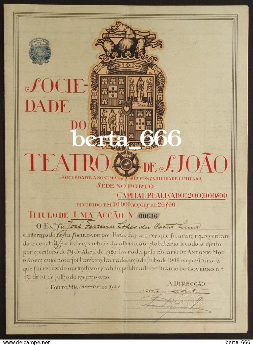 Portugal Theatre Share * Sociedade Do Teatro De S. João * Porto * Título De 1 Acção * 1920 * Shareholding - Film En Theater