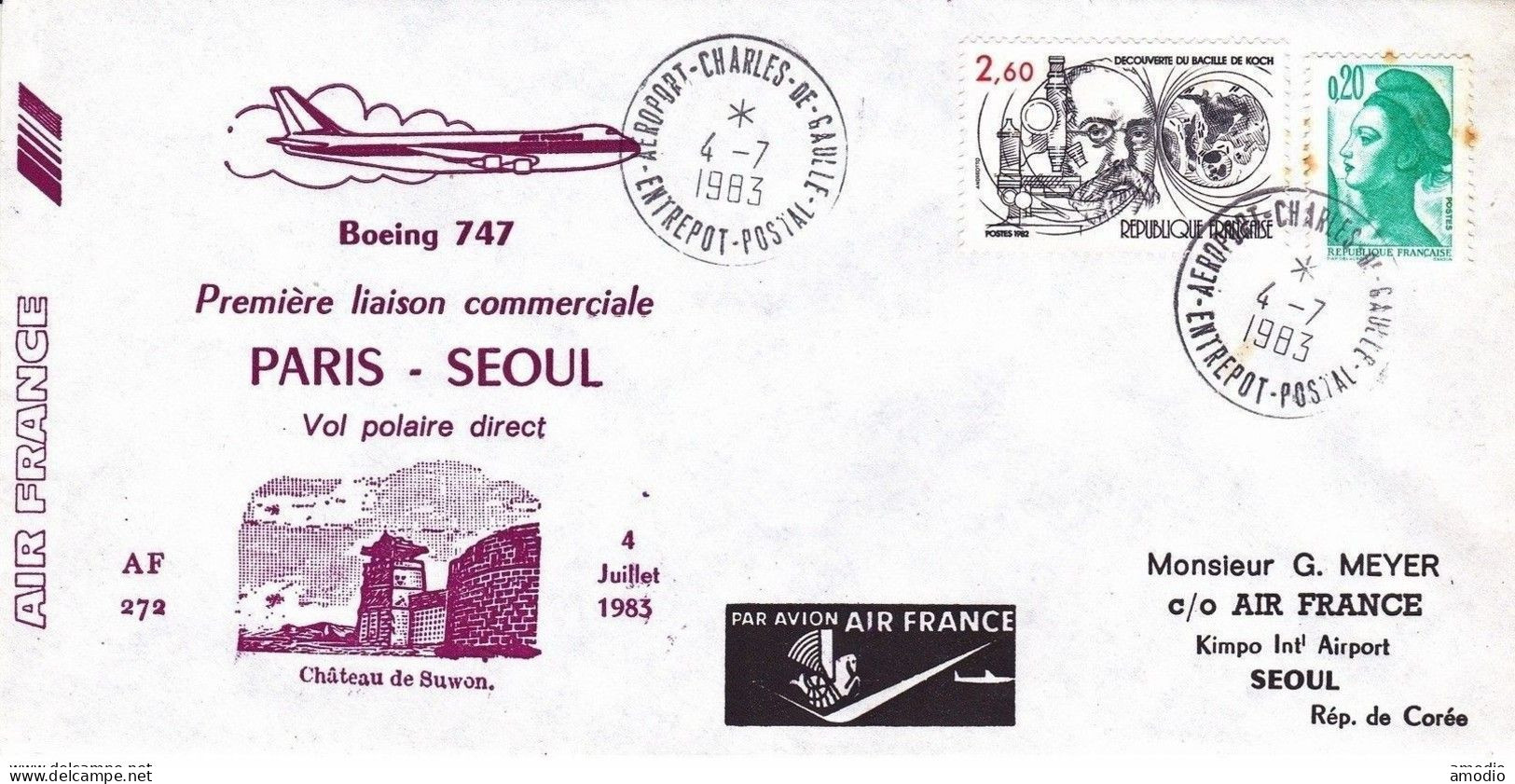 France Env Air France Paris Séoul 04/07/83 - Lettres & Documents