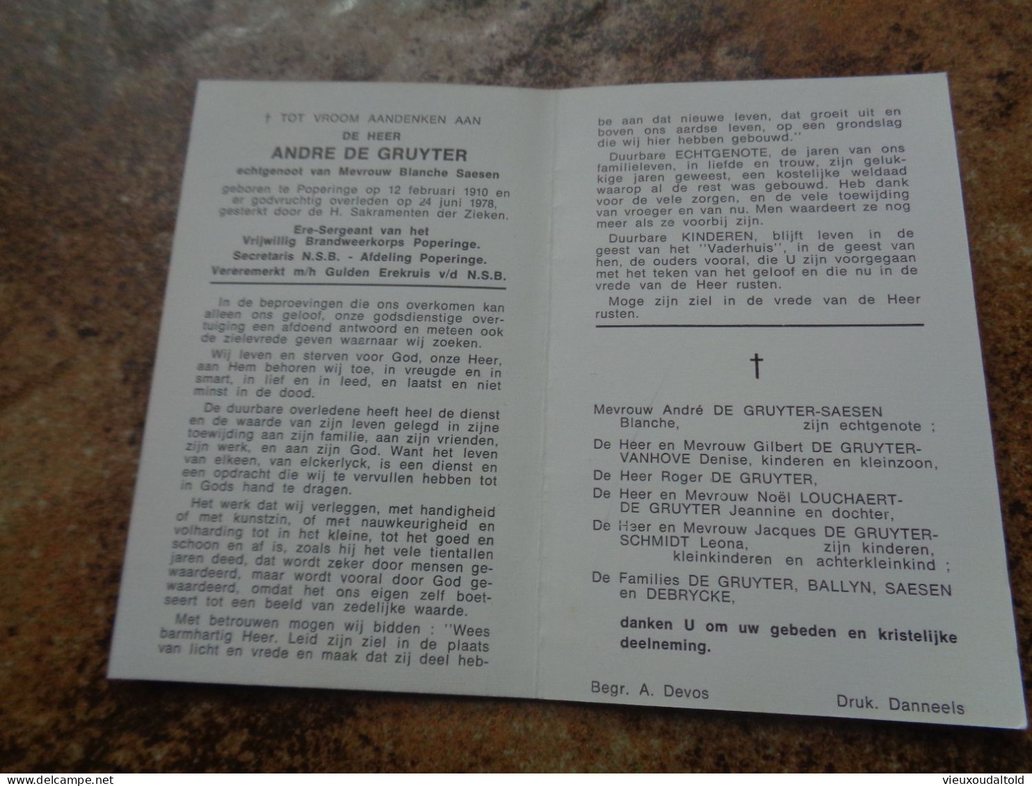 Doodsprentje/Bidprentje    ANDRE DE GRUYTER   Poperinge 1910-1978  (Echtg B. Saesen) - Godsdienst & Esoterisme