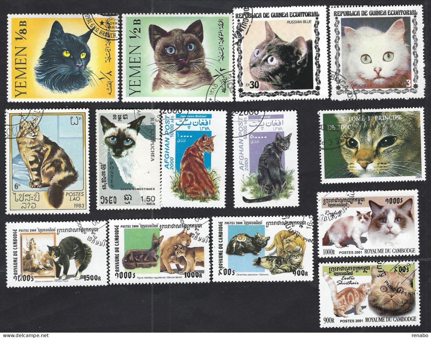 Lot Of 14 Stamps With Cats, Different Countries; Used - Katten