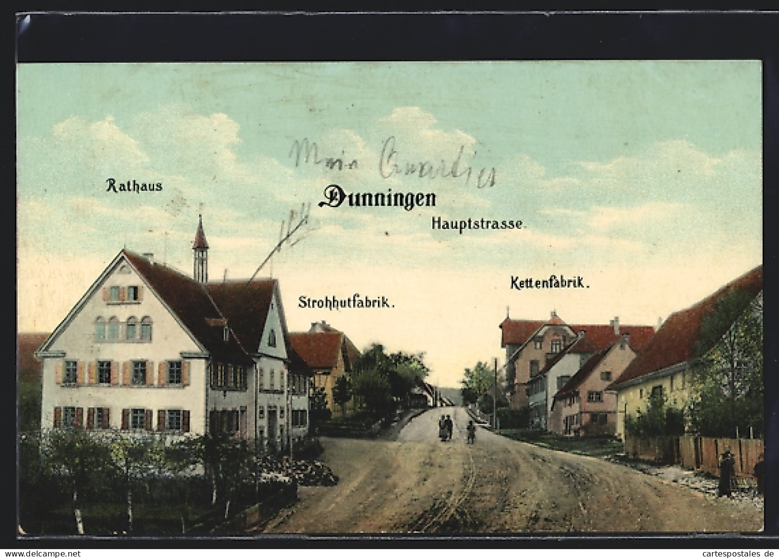 AK Dunningen, Hauptstrasse Mit Strohhutfabrik, Kettenfabrik Und Rathaus  - Other & Unclassified