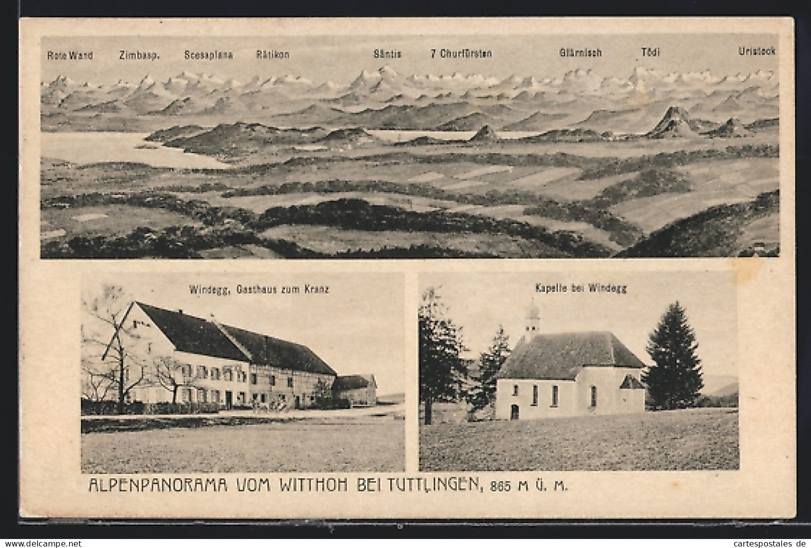 AK Witthoh Bei Tuttlingen, Gasthaus Windegg-Witthoh, Kirche, Alpenpanorama Mit Säntis, Tödi Und Glärnisch  - Tuttlingen