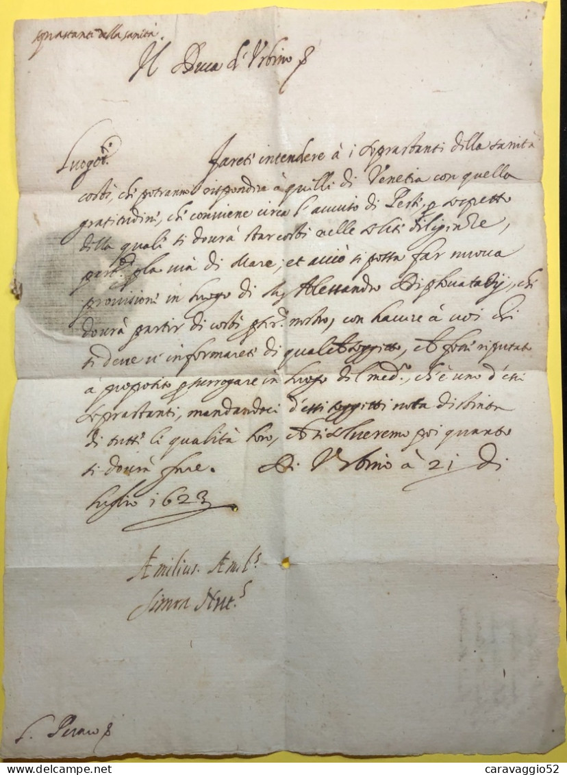 1623 URBINO LETTERA  DEL DUCA DELLA ROVERE CON NIZZA  X PS - 1. ...-1850 Prefilatelia