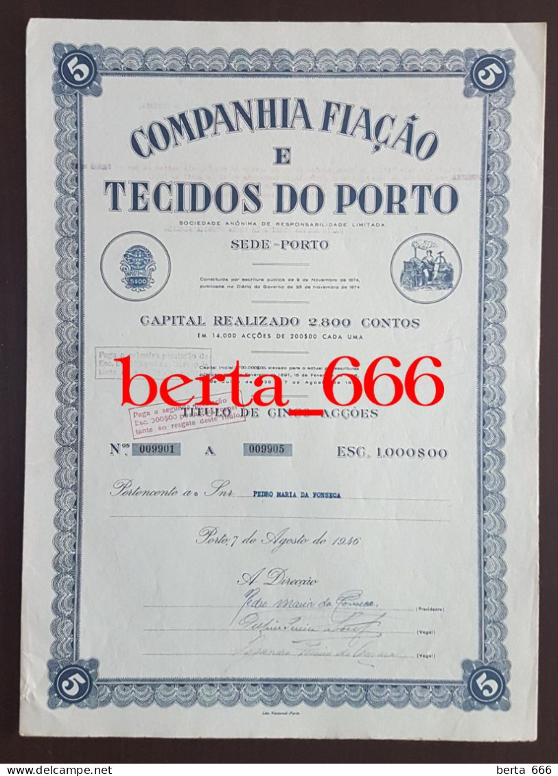 Portugal Textile Share * Companhia Fiação E Tecidos Do Porto  * Título De 5 Acções * 1946 * Shareholding - Textil