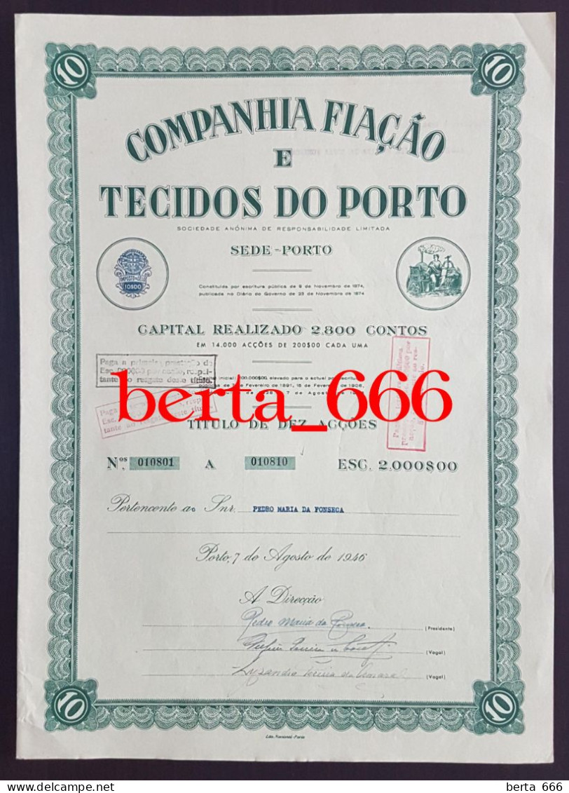Portugal Textile Share * Companhia Fiação E Tecidos Do Porto  * Título De 10 Acções * 1946 * Shareholding - Textil