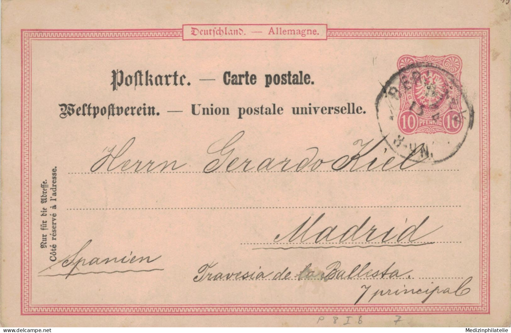 Ganzsache 10 Pfennig - Expedition Der Täglichen Rundschau Berlin 1887 > Madrid - Briefkaarten