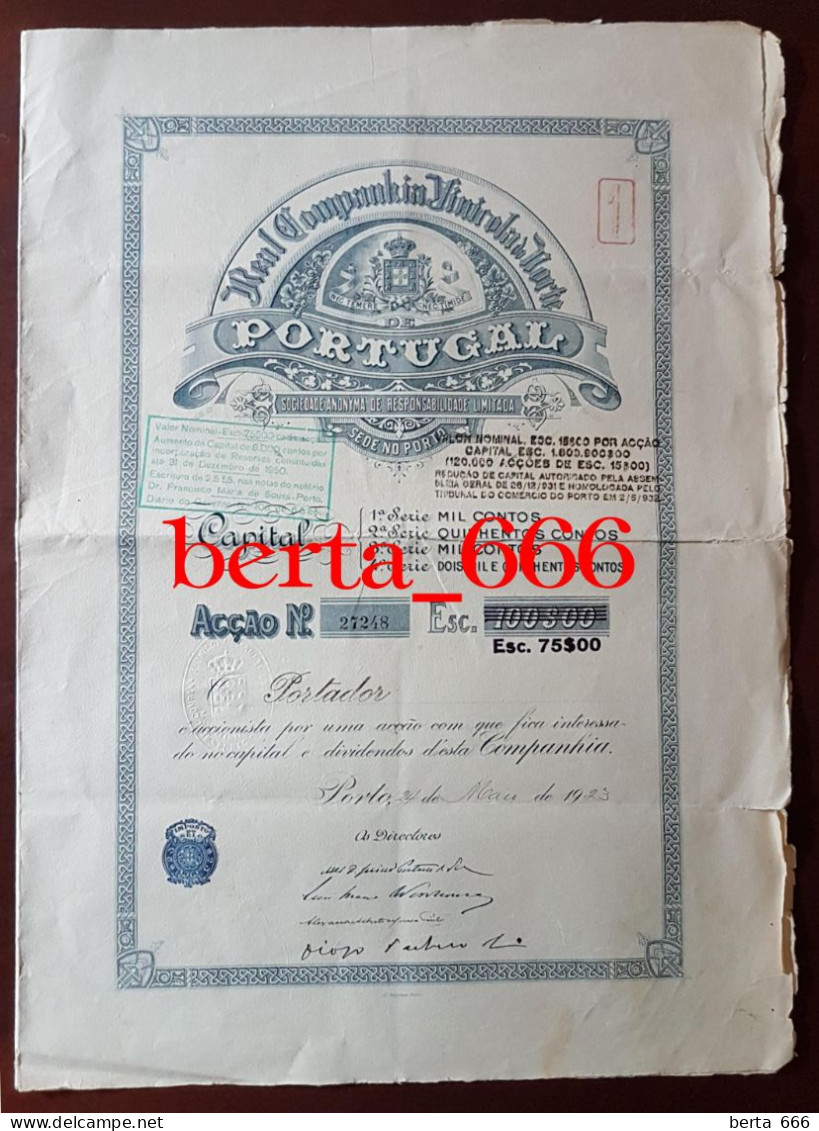 Portugal Wines Share * Real Companhia Vinicola Do Norte * Porto * Título De 1 Acção * 1923 * Shareholding - Otros & Sin Clasificación